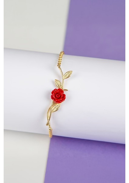 Altın Kaplama 925 Ayar Gümüş Bayan Kırmızı Gül Bileklik