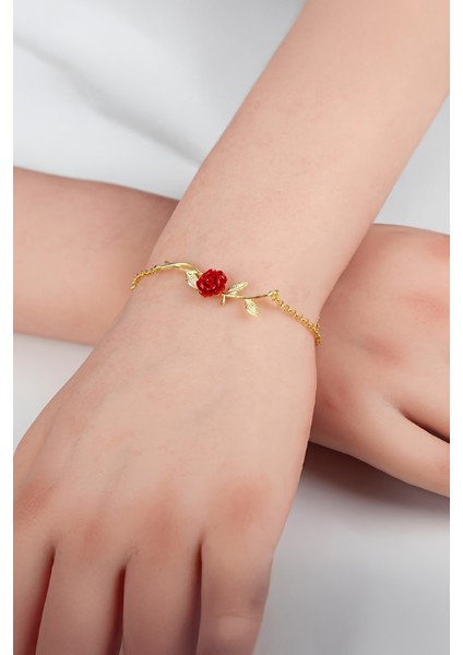 Altın Kaplama 925 Ayar Gümüş Bayan Kırmızı Gül Bileklik fiyatları