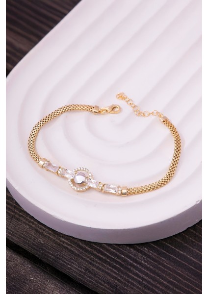 925 Ayar Gümüş Baget Taşlı Altın Kaplama Ortası Düz Circle Bayan Bileklik