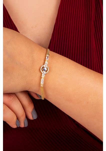 925 Ayar Gümüş Baget Taşlı Altın Kaplama Ortası Düz Circle Bayan Bileklik fiyatları