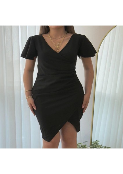 Kadın Kısa Kollu Volanlı Kruvaze Yaka Yanlardan Büzgülü Ithal Krep Elbise fiyatları