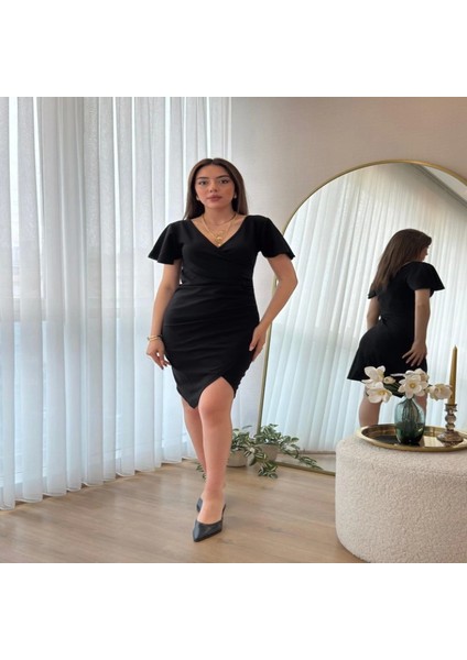 Kadın Kısa Kollu Volanlı Kruvaze Yaka Yanlardan Büzgülü Ithal Krep Elbise fırsatları