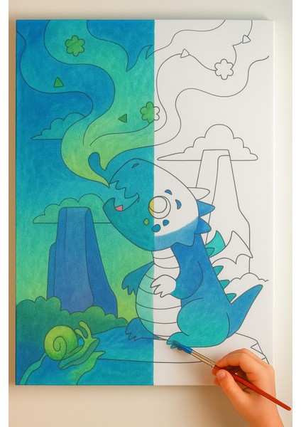 25X35 Resimli Tuval Çocuk Boyama Seti-6 Renk Akrilik Boya ve 2 Fırça Adet Fırça