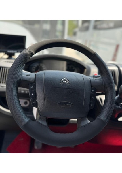 Dikişli Direksiyon Kılıfı Noktalı Deri Nubuk Deri Siyah Dikişli Citroen Jumper Icin