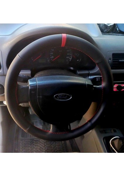 Dikişli Direksiyon Kılıfı Siyah / Noktalı Deri Kırmızı Yüzük / Dikişli F.o.r.d Connect Için