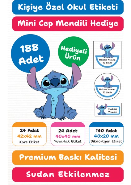 188 Adet Stitch Kişiye Özel Okul Etiketi | Kalem Defter Kitap Için Isim Yazılabilir Sticker Seti Model:19