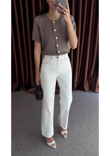 Kahve Dikişli Ekru Jean indirimleri