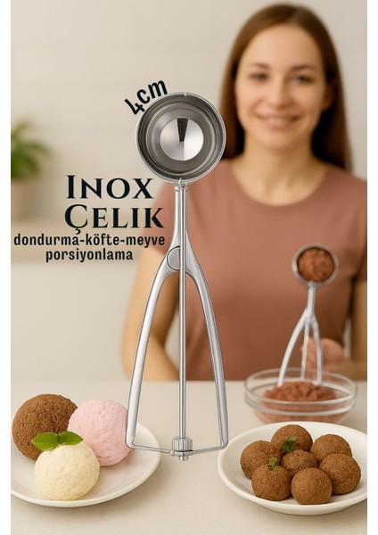 Inox 4 cm Dondurma Kaşığı - Karpuz Kurabiye Köfte Helva Porsiyonlama 722039