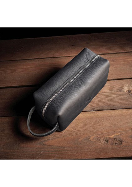 Erkek Hakiki Deri Fermuarlı El Çantası Günlük Seyahat - Tıraş Çantası Siyah