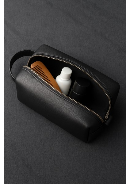 Erkek Hakiki Deri Fermuarlı El Çantası Günlük Seyahat - Tıraş Çantası Siyah fiyatları