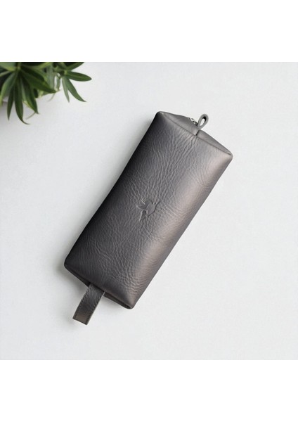 Erkek Hakiki Deri Fermuarlı El Çantası Günlük Seyahat - Tıraş Çantası Siyah