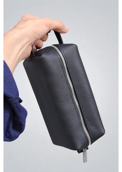 Erkek Hakiki Deri Fermuarlı El Çantası Günlük Seyahat - Tıraş Çantası Siyah