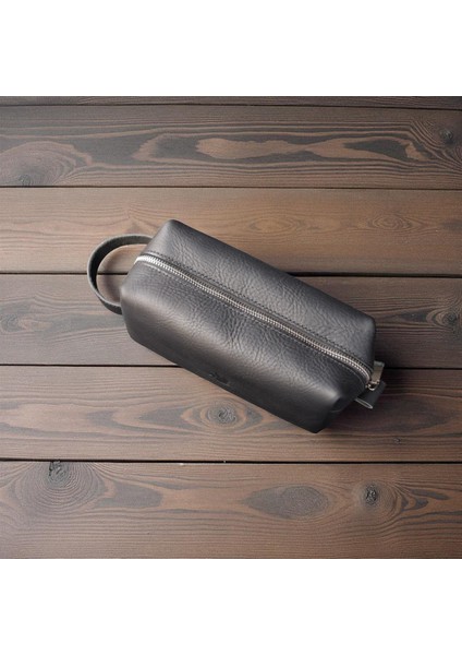 Erkek Hakiki Deri Fermuarlı El Çantası Günlük Seyahat - Tıraş Çantası Siyah