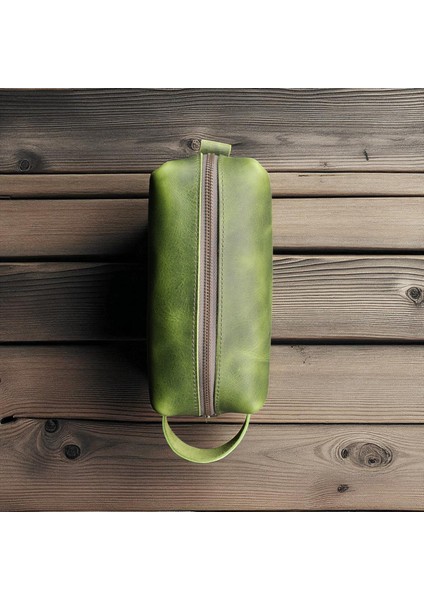 Erkek Hakiki Deri Fermuarlı El Çantası Günlük Seyahat - Tıraş Çantası Yeşil