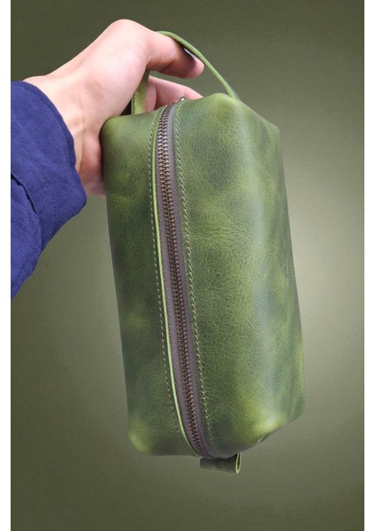 Erkek Hakiki Deri Fermuarlı El Çantası Günlük Seyahat - Tıraş Çantası Yeşil