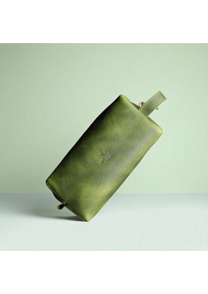 Erkek Hakiki Deri Fermuarlı El Çantası Günlük Seyahat - Tıraş Çantası Yeşil