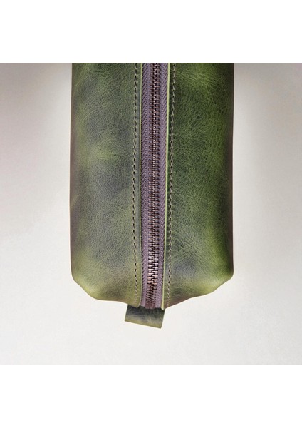 Erkek Hakiki Deri Fermuarlı El Çantası Günlük Seyahat - Tıraş Çantası Yeşil