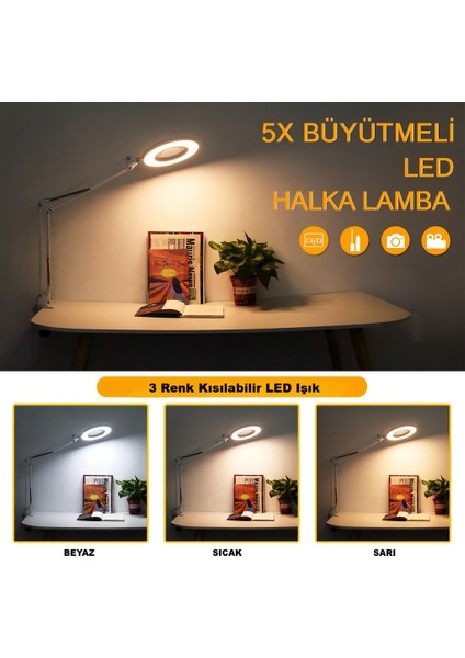 5/8x Büyütmeli LED Masa Lambası USB Bağlantılı Esnek Kollu Büyüteç Işıldak