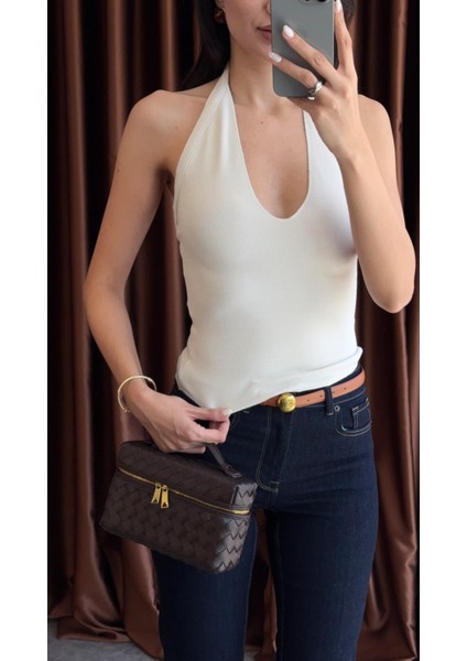 Halter Yaka Krem Triko Bluz modelleri