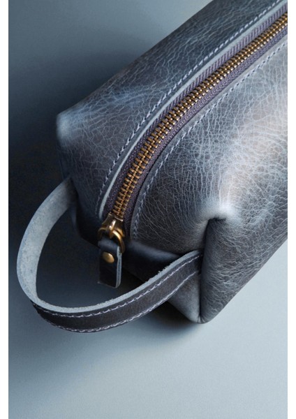 Erkek Hakiki Deri Fermuarlı El Çantası Günlük Seyahat - Tıraş Çantası Mavi