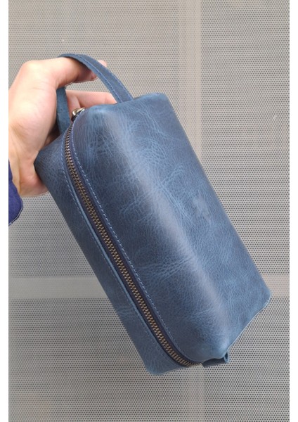 Erkek Hakiki Deri Fermuarlı El Çantası Günlük Seyahat - Tıraş Çantası Mavi