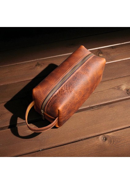 Erkek Hakiki Deri Fermuarlı El Çantası Günlük Seyahat - Tıraş Çantası Taba