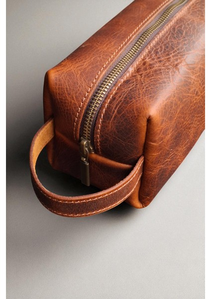 Erkek Hakiki Deri Fermuarlı El Çantası Günlük Seyahat - Tıraş Çantası Taba fiyatları