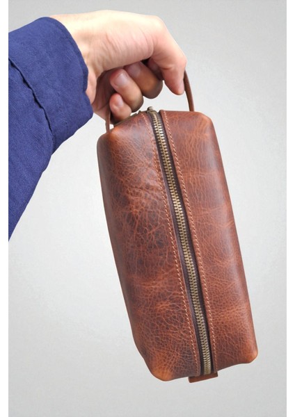 Erkek Hakiki Deri Fermuarlı El Çantası Günlük Seyahat - Tıraş Çantası Taba modelleri