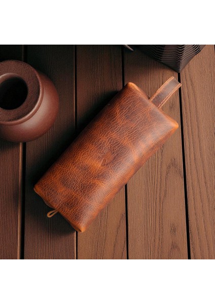 Erkek Hakiki Deri Fermuarlı El Çantası Günlük Seyahat - Tıraş Çantası Taba indirimleri