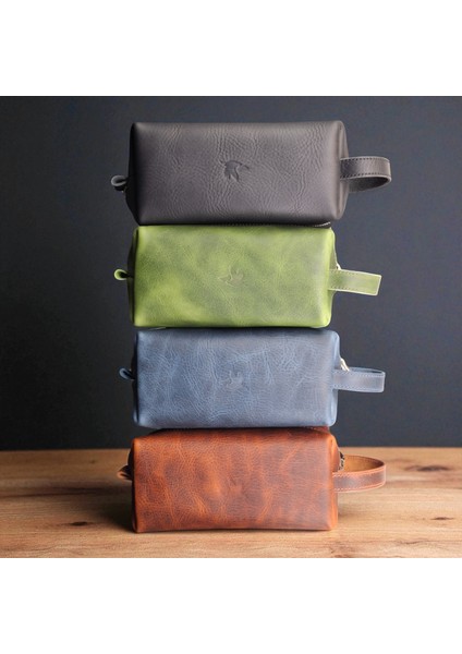 Erkek Hakiki Deri Fermuarlı El Çantası Günlük Seyahat - Tıraş Çantası Taba