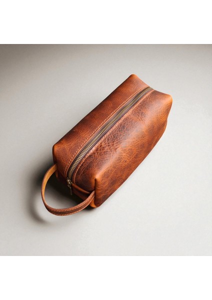 Erkek Hakiki Deri Fermuarlı El Çantası Günlük Seyahat - Tıraş Çantası Taba