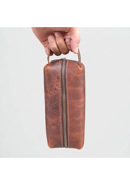 Erkek Hakiki Deri Fermuarlı El Çantası Günlük Seyahat - Tıraş Çantası Taba