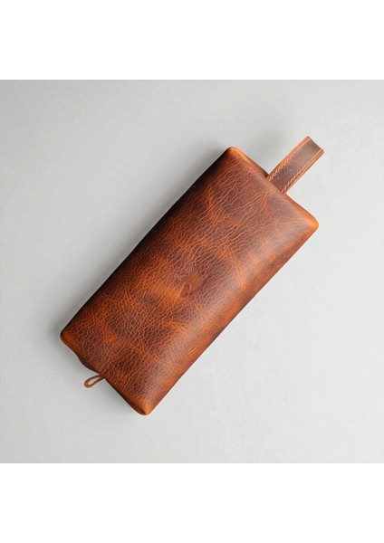 Erkek Hakiki Deri Fermuarlı El Çantası Günlük Seyahat - Tıraş Çantası Taba