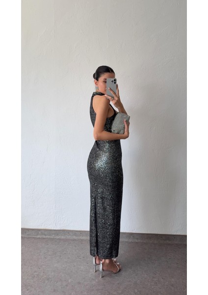 Halter Yaka Gümüş Davet Elbisesi fiyatları