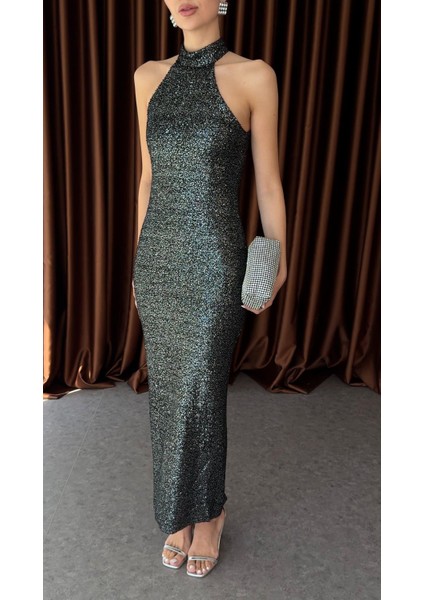 Halter Yaka Gümüş Davet Elbisesi modelleri