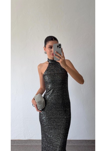 Halter Yaka Gümüş Davet Elbisesi indirimleri