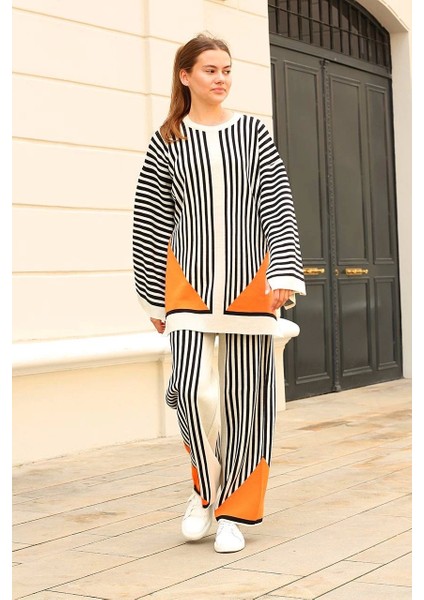 Çizgili Bisiklet Yaka Triko Takım Beyaz fiyatları