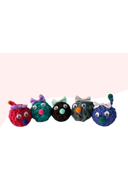 5li Çıngıraklı Örme Kedi Oyuncağı 9cm Kırmızı-Yeşil-Siyah-Gri-Mavi