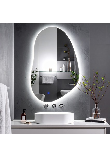 Nelyos Beyaz Led'li Lazer Kumlamalı Lavabo & Banyo Aynası (Dokunmatik Sensörlü)