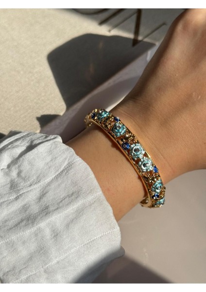 Lacivert & Mavi Çiçek Taşlı Altın Kaplama Kelepçe Bileklik – Zarif Kadın Takı indirimleri