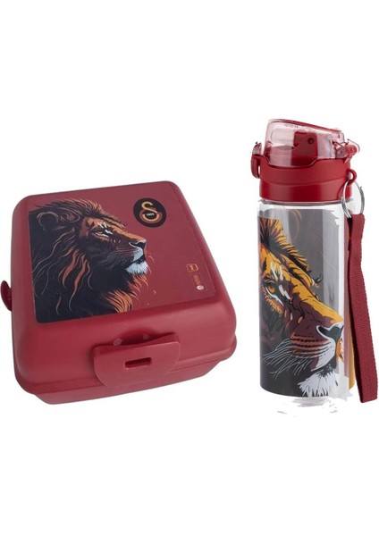 Galatasaray Plastik Aslan Baskılı Plastik Matara 500 ml + Beslenme Kabı 4 Bölmeli Çatal Kaşıklı