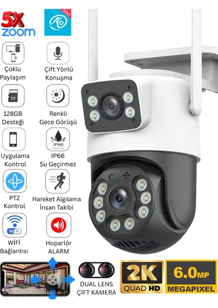 6mp Dual Lens Akıllı Wifi Güvenlik Kamerası Gece Görüşü Hareketli Ptz Insan Takibi Sesli Alarm 3012