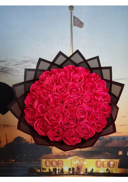 30 Lu LED Işıklı Solmayan Gül Buketi Fuşya Pembe Gül Dışı Siyah