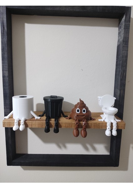 4'lü Banyo Köşesi Biblo Dekoratif Figür Seti - Tuvalet Kağıdı, Kaka Emojisi, Çöp Kovası, Klozet