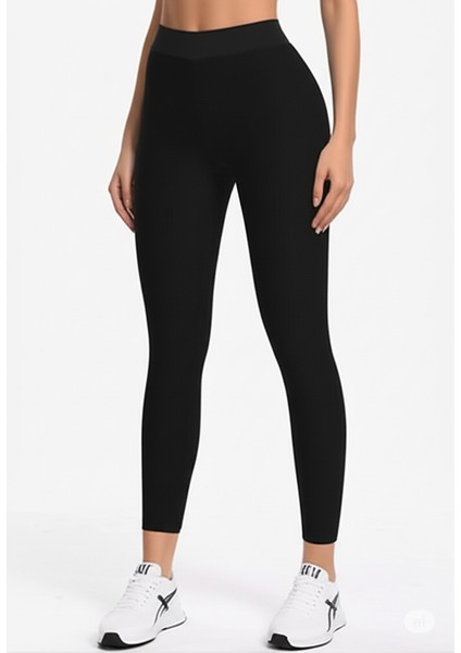 Kadın Toparlayıcı Yüksek Bel Esnek Siyah Spor Tayt