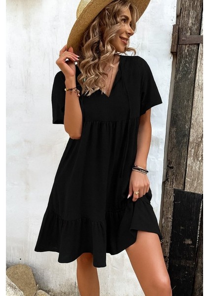 Mç Plus Kadın Kısa Kollu Yakası Bağcıklı Önden Düğmeli Fırfır Desenli Süprem Elbise fiyatları