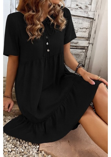 Miracotton Kadın Kısa Kollu Yakası Bağcıklı Önden Düğmeli Fırfır Desenli Süprem Elbise