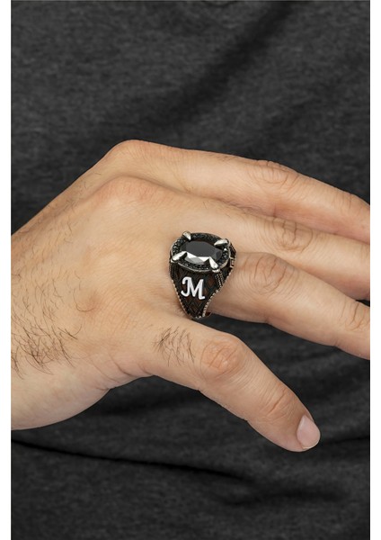 Fasetli Oniks Taşlı Çift Tarafı Harfli Karartmalı Gümüş Erkek Yüzük fiyatları