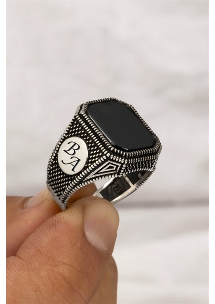 Oniks Taşlı Çift Tarafı Harfli Hasır Model Gümüş Erkek Yüzük