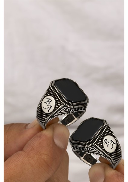 Oniks Taşlı Çift Tarafı Harfli Hasır Model Gümüş Erkek Yüzük fiyatları